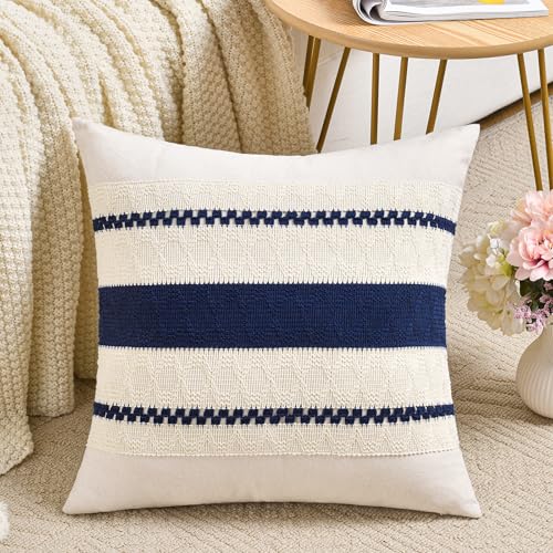 Fancy Homi Set of 1 Navy Blue Decorative Throw Pillow Covers 16x16 Inch for Couch Bed Sofa Living Room Office, Aesthetic Modern Organic Farmhouse Home Decor, Soft Cotton Woven Textured Cushion Case - color: Navy Blue, size: 16" x 16" (Pack of 1)
