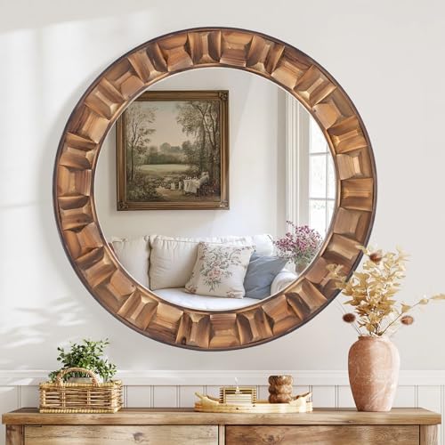 36 Inch Large Round Solid Wood Wall Mirror - Rustic Farmhouse Dark Brown Wooden Circle Mirror for Bathroom, Living Room, Entryway & Wall Decor - color: A1 - Round - 36x36 in