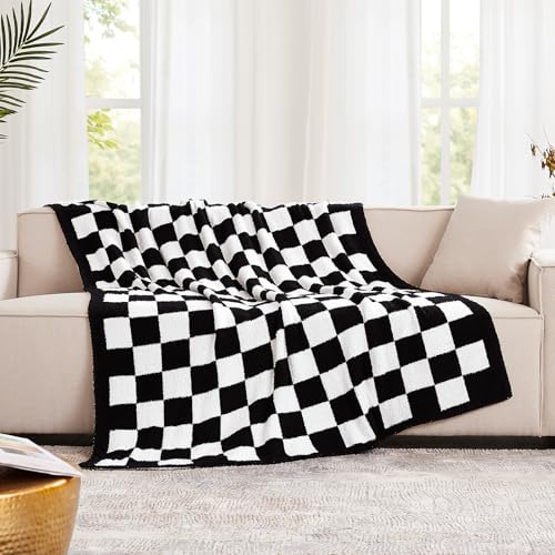 Checkered Throw Blanket, Black Soft Cozy Fluffy Knitted Throw Blankets for Couch, Sofa, Bed, Chair, Warm Fuzzy Travel Picnic Lightweight Plaid Blanket, 50x70 inches - color: Black White, size: 50×70 Inch