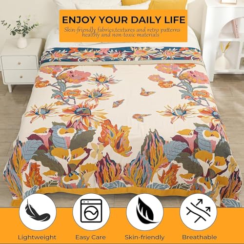Boho Floral Butterfly Pattern Reversible Summer Cotton Blanket 90"x108" Breathable 4-Layer Gauze Muslin Blanket for Bed Couch Home Decor for All Season Thoughtful Gift for Women Men - color: Butterflies and Flowers, size: 90"x108"