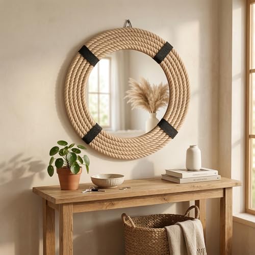12" Inch Round Rustic Farmhouse Boho Shabby Chic Wall Hanging Mirror with Natural Jute Rope Decor Accent for Entryway, Bedroom, or Living Room (Color 3) - color: Color 3