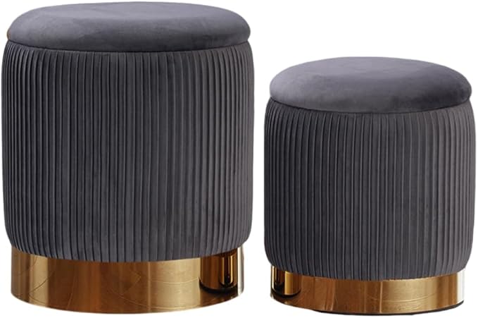 Round Ottoman with Storage Set of 2 Vanity Stool Foot Rest with Removable Lid for Bedroom Gray Velvet Storage Ottoman Coffee Table for Living Room and Dorm (Gray)
