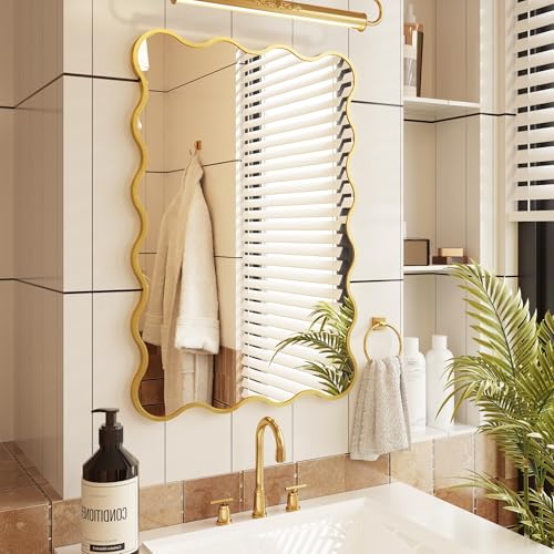 Kelly Miller 24x36 Inch Gold Scalloped Mirror, Large Rectangular Wavy Edge Bathroom Vanity Wall Mirror Decorative for Bedroom Living Room Entryway Fireplace Mantle - size: 36"L x 24"W