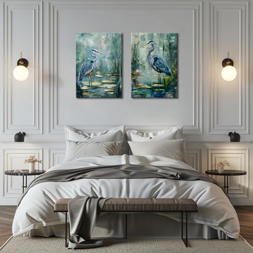2 Panel Bird Wall Art Blue Heron Pictures Framed Bird Prints Artwork Heron in the Pond Natural Print Painting for Living Room Bedroom Office Wall Decor - color: Green, size: 30"L x 20"W