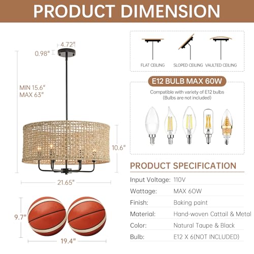 6-Light Rattan Chandelier for Dining Room, Boho Chandelier, Coastal Hand Woven Pendant Light Fixture for Kitchen Island Entryway Foyer Living Room Bedroom UL Listed Black - color: Black, size: 21.65"