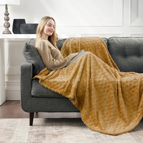 Velvet Plush Jacquard Tile Throw Blanket for Couch - Buttery Soft, Cozy Throw, for Women (Amber Gold, 50" x 60") - color: Amber Gold