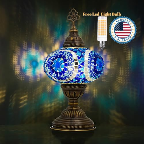 Turkish Lamp, Mosaic Table Lamp, Antique Moroccan Decorative Glass Bohemian Vintage Lamp Shade, Small Desk Tiffany Bedside Stained Glass Lamp with US Plug and E12 Socket - color: Blue-2