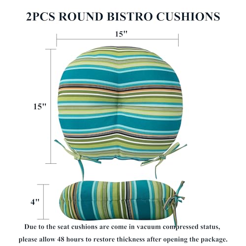 FUNHOME 15"x15"x4" Bistro Chair Cushion Set of 2, Water Repellent Round Outdoor Chair Cushions with Ties, Patio Tufted Chair Pads for Home Garden (Green Stripe) - color: Green Stripe