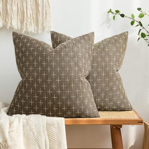 MIULEE Pack of 2 Decorative Burlap Linen Spring Throw Pillow Covers Farmhouse Pillowcases Modern Rustic Woven Textured Cushion Cover for Sofa Couch Bed 18x18 Inch Taupe - color: Taupe, size: 18" x 18" (Pack of 2)