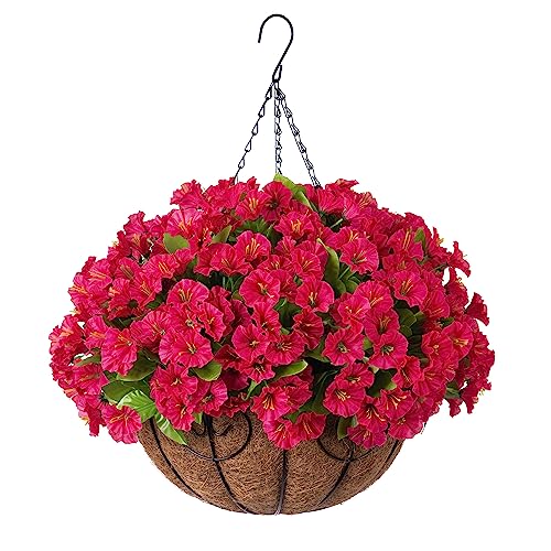Ammyoo Artificial Hanging Flower Plants with Basket for Outdoor Decoration, Faux Petunias Flowers Fake Morning Glory Planter for Outside Patio Garden Porch Balcony Yard Decor(Rose Red) - color: Rose Red
