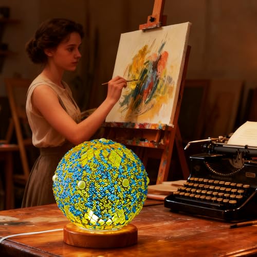 Morocco Mosaic Table Lamp Stained Glass Lamps with Wooden Base Turkish Sphere Decor Night Lights for Moroccan Style Meditation Room Office Desk Living Room Decoration(Maroc - Green, Maroc) - style: Morocco Green