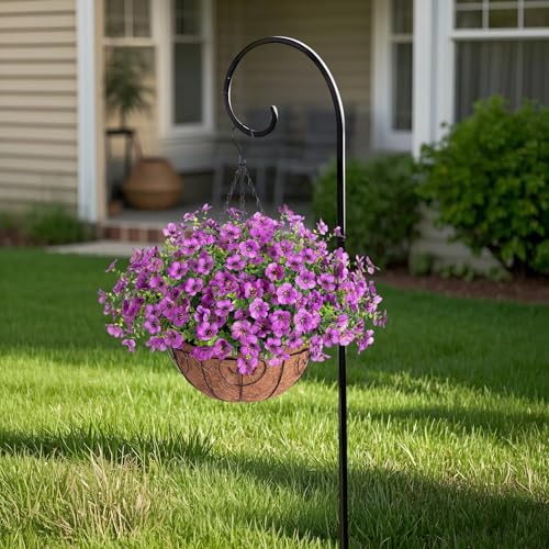 Ammyoo Artificial Faux Hanging Plants Flowers Basket for Spring Outdoor Decoration, Fake Silk Daisy UV Resistant Look Real with Eucalyptus Leaves Summer Outside Decor for Home Patio Garden - color: Purple