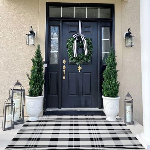 Fall Décor Plaid Rug, 3' x 5' Black&White Check Indoor/Outdoor Area Rug, Layering Rug for Hello/Welcome Door Mat, Machine Washable Cotton Woven Rugs for Farmhouse Front Porch, Entryway - color: Black & White Plaid X, size: 3' x 5' (Rectangular)