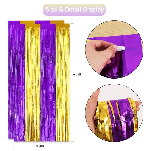 TONIFUL 2Pcs Purple and Gold Fringe Backdrop Curtain 2026 Graduation Parties Metallic Tinsel Foil Fringe Photo Booth Backdrop Door Streamers for Birthday Bachelorette New Year Party Decorations - color: Purple Gold