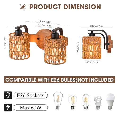 Bathroom Vanity Light Fixtures,2-Light Rattan Bathroom Lighting Fixtures Over Mirror,Farmhouse Wall Sconces Boho Woven Lampshade,Rustic Wall Mounted Wooden Base Wall Light for Bedroom Hallway Stairs - color: 2light-Cylinder shade