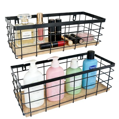 ShabbyDecor Metal Wire Basket Detachable Wood Base Storage Organizer Farmhouse Hanging Basket for Kitchen Cabinets, Bathroom, Pantry, Laundry Room Set of 2,Black Color - color: Black, size: Small&Medium