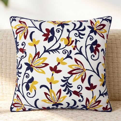Spring Floral Embroidered Pillow Covers 18x18 Inch Set of 1, Boho Decorative Throw Pillow Cover, Farmhouse Yellow Red Flower Patterned Cushion Case for Couch Sofa Bed Patio Living Room - color: Paisley Garden