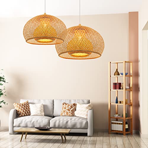 Arturesthome 1 Light Weaving Bamboo Pendant Light for Kitchen Island, Wicker Chandelier,Handmade Woven Hanging Ceiling Light Lampshade for Living Room Bedroom - size: A 23.6"*17.6"
