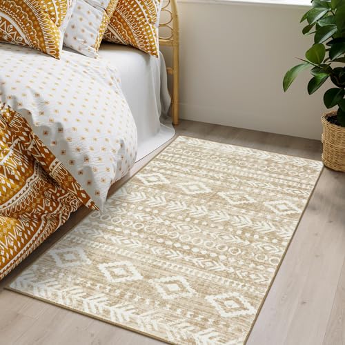 Lahome Boho Geometric 3x5 Rug, Low-Pile Soft Washable Tan Bedroom Rug Non-Slip, Rustic Tribal Print Pattern Large Bathroom Rugs Indoor Throw Rug Carpet for Entryway Office Laundry Room Varena - color: Tan/White, size: 3' x 5'