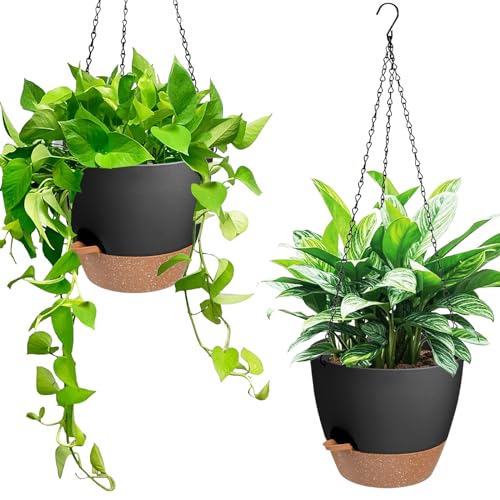 Vanslogreen Hanging Planters for Indoor Outdoor Plants, 2 Pack Self Watering Hanging Pot with Drainage Holes & Removable Tray (Black, 6'') - color: Black, size: 6''