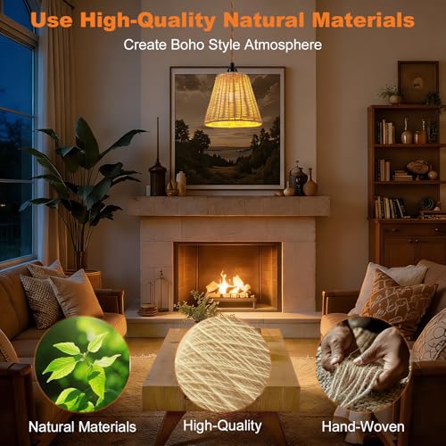 FRIDEKO HOME Rattan Plug in Pendant Light – Boho Hanging Lamp for Room, 15ft Cord No Hardwiring Easy Installation for Bedroom Living Dining Hallway, Vintage Farmhouse Swag Light Fixture - color: 4-Bell Lampshade
