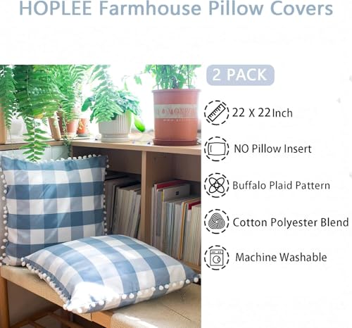HOPLEE Farmhouse Light Blue Pillow Covers 22x22 Buffalo Check Pillows Covers Blue and White Pillow Covers with Pom Pom for Home Decor 22x22 Inches Set of 2 - color: Blue Plaid Pom, size: 22" x 22" (Pack of 2)