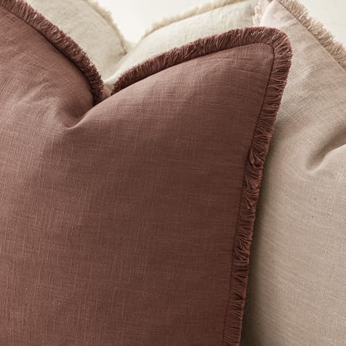 Foindtower Set of 2 Decorative Linen Fringe Throw Pillow Covers Boho Farmhouse Cushion Cover with Tassels Accent Pillowcase for Couch Chair Sofa Bed Living Room Home Decor,16×16 Inch,Rust Red - color: Autumn Glaze, size: 16" x 16" (Pack of 2)
