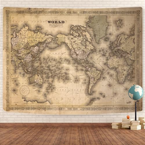 GOAOK Retro Old World Map Tapestry, Vintage Map Asian Northern European Topography Earth Educational Tapestry for Classroom, Brown Adventure Travel World Map Office Tapestry Wall Art 80"X60" - color: Vintage Map, size: 80L" x 60W"