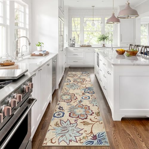 Beeiva Floral Carpet Runners for Hallway 8ft, Hallway Washable Kitchen Runner Rug Non Slip, Ultra Thin Vintage Plant Carpet Rugs with Low Pile for Kitchen Bathroom (Cream,2'x8') - color: Cream, size: 2' x 8' (Rectangular)