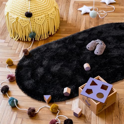 Goideal Fluffy Bedroom Rug, Small Oval Area Rugs, Black Shag Bedside Carpet for Kids Room Nursery Dorm Cute Fuzzy Indoor Decor for Boy and Girl, 2.6 x 5.3 Feet - color: Black
