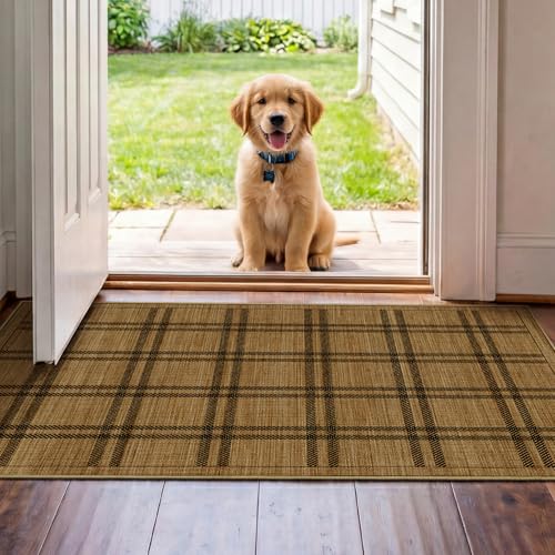 Jute 2x4 Entryway Plaid Rug: Washable Non Slip Hallway Rugs with Rubber Backing Pet-Friendly Easy Care Carpets Stain Resistant Runners for Laundry Entryway Bedroom Decor Brown - color: Brown Plaid, size: 2' x 4' (Rectangular)
