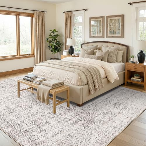 Area Rug 6x9 for Living Room - Machine Washable Area Rugs for Bedroom Home Office - Vintage Stain Resistant Non Slip Low Pile Carpet for Dinning Room Farmhouse Kis Room,Brown/White - color: Brown/White, size: 6' x 9' (Rectangular)