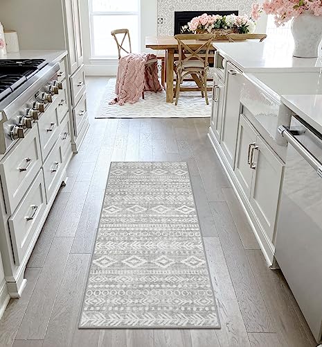 Lahome Runner Rug Non Slip 2x5, Washable Low Pile Laundry Room Rug, Farmhouse Grey Tribal Print with Rubber Backing, Soft Indoor Front Door Carpet Runner for Kitchen Hallway Entry Bathroom Varena - color: Grey/White, size: 2' x 5'