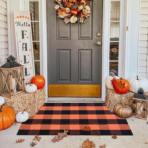 Ckorzen Fall Plaid Rug 28" x 43", Orange and Black Buffalo Check Front Porch Outdoor Layered Doormat, Cotton Hand-Woven Washable Rug for Halloween Thanksgiving Autumn Decor - color: Orange & Black, size: 2'4" x 3'7" (Rectangular)