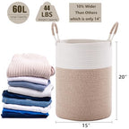 60L Laundry Hamper Basket Tall Woven Cotton Rope Clothes Hamper for Baby Girls Nursery Kids Blanket Basket in Living Room Bathroom Bedroom Brown 15Dx20H Inches Large - color: Brown1, size: Large (60L)