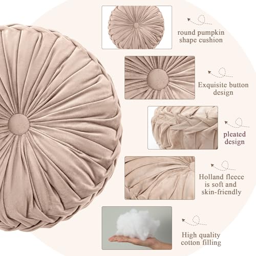 Drydiet 1 Pcs Round Throw Velvet Pillows Decorative Pleated Throw Pillows Diameter Accent Pumpkin Boho Chair Cushion for Couch Sofa Home Decoration (Greige,15'') - color: Greige, size: 15''