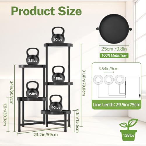 iDavosic.ly 5 Tier Large Plant Stand Indoor with Grow Light, Tiered Corner Metal Outdoor Flower Display Holder Shelf with 10 Inch Wide Tray, Folding Tall Rack for Patio Porch Living Room, Black - color: Black with Lights, size: 5 Tiers