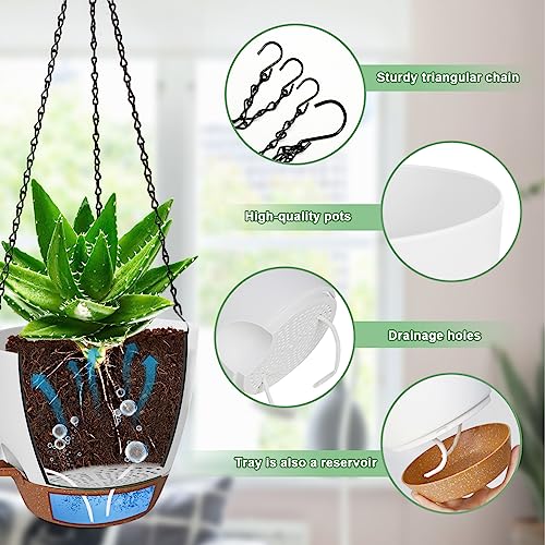 3 Pack Hanging Planter Indoor Outdoor Flower Pots 7/6.5/5 Inch, Self-Watering Hanging Pot with Drainage Holes Hanging Baskets Holder Plant Pots for Garden (White) - color: White, size: 7/6.5/5 Inch