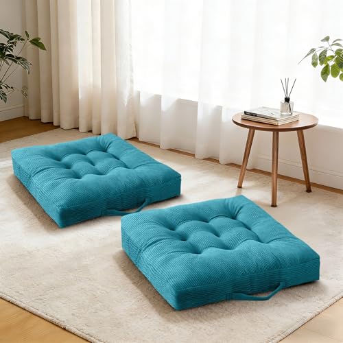 Floor Pillow 18x18 Inch Turquoise Corduroy Floor Sitting Cushions 2-Pack, Portable Handle Design, Non-Slip Chair Pads for Meditation Yoga Indoor Use - color: Turquoise