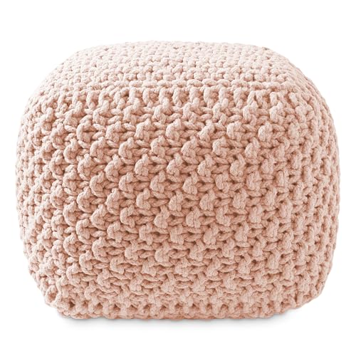 Casafield Square Pouf Ottoman, Light Pink 18.5" W x 18.5" D x 14.5" H Cotton Knit Foot Stool - Boho Floor Pouffe for Living Room, Bedroom, Home Office - color: Light Pink, size: 18.5"D x 18.5"W x 14.5"H