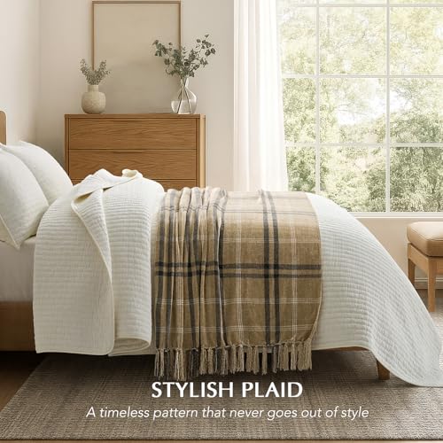 EverGrace Plaid Chenille Throw Blanket for Couch, Super Soft Cozy Decorative Farmhouse Plaid Throw with Tassels, Lightweight Chenille Knit Throw for Bed Sofa Gift Home Decor, Khaki Grey 50”x60” - color: Plaid Khaki & Grey, size: 50"x60"