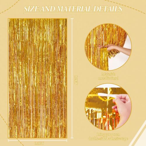 DECOCKRAT 3 Pack Foil Fringe Backdrop - Gold Shiny Tinsel Curtains for Party Decoration/Photo Booth Props - 3.3x8.2 FT Metallic Foil Backdrop for Birthday, Wedding, Graduation, Christmas. - color: Gold