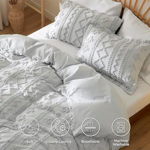 Bedsure Boho Duvet Cover King Size, Soft & Comfortable Elegant Design Boho Bedding for Decoration, Machine Washable Comforter Cover for All Seasons,Includes 1 Duvet Cover & 2 Pillow Shams,Light Grey - color: 10 - Light Grey - Elegant (No Comforter), size: