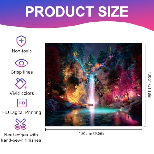 CRAFTYMELODY Waterfall Blacklight Tapestry Glow in the Dark Tapestry UV Reactive Neon Forest Lake Wall Hanging 59×51 Inch with Hook Self Adhesive Sticker Clip for Bedroom Home Wall Decoration - color: Waterfall