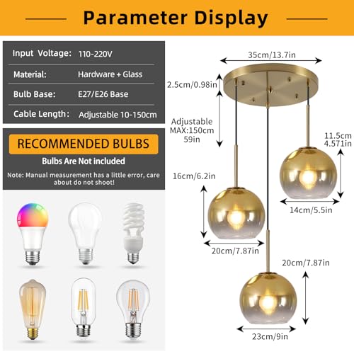 Mikeru Modern Gold Glass Chandelier, 3 Light Cluster Pendant Light Fixtures Kitchen Island Lighting Kitchen Island Pendant Lighting Hanging Lights Multi Light Large Pendant Lighting（Without Bulb） - color: Gold-3 Light