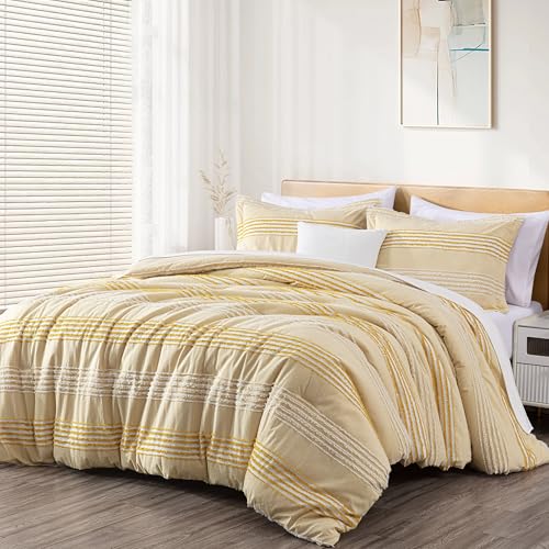Chezmoi Collection 4-Piece Clip Jacquard Cotton Comforter Set Queen, Boho Chic Textured Striped Bedding with Chenille Textured Pillow Cushion, Pale Orange/White - color: Momo Pale Orange White, size: Queen