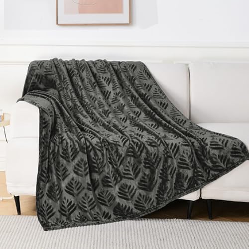 Exclusivo Mezcla Fleece Throw Blanket for Couch, Super Soft and Cozy Blankets All Season Use, Leaves Pattern, Plush Fuzzy Lightweight, Dark Grey, 50x60 Inch - color: Dark Green, size: Throw(50"x60")