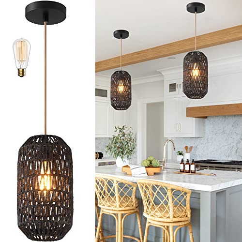 Ruzectt Pendant Light Fixtures Black Rattan Pendant Lights for Kitchen Island with 72in Adjustable Golden Cotton Cord, Farmhouse Wicker Basket Light Fixture for Living Room (Black-A) - color: Black-A