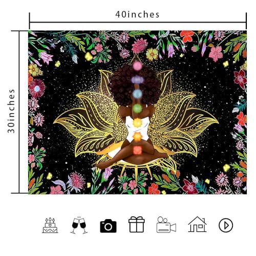 Ine Ive African Chakra Tapestry African American Woman Zen Meditation Tapestries 40x30 Inch Starry Sky Flower Garden Inspirational Afro Yoga Wall Art for Bedroom Dorm Decor - size: 40"L x 30"W