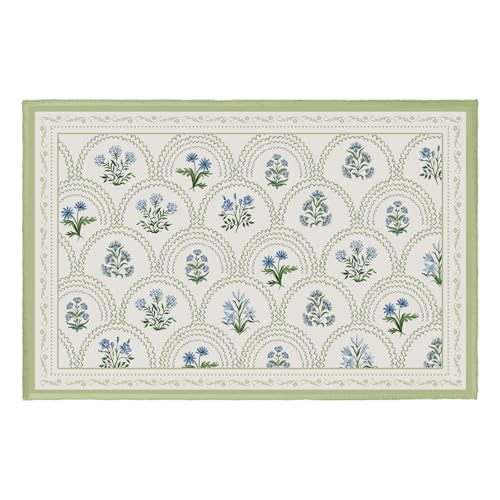 Blue Green Floral Block Print Area Rugs for Entryway 2x3 Vintage Flower Spring Summer Decorative Front Door Mat Boho Farmhouse Washable Non-Slip Low Pile Small Rug for Bedroom Bathroom Kitchen - color: Blue Green Floral